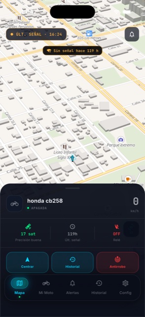 App GPS NOE mostrando el rastreo en tiempo real de una moto
